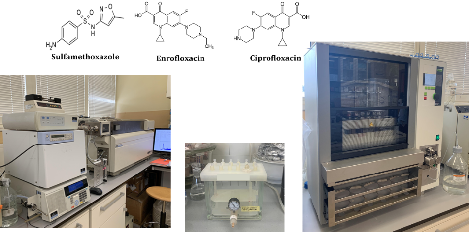 Determinazione analitica della concentrazione degli antibiotici mediante HPLC (a six), ASE (al centro) e PLE (a dx) presso i laboratori del CNR Area della Ricerca di Montelibretti.